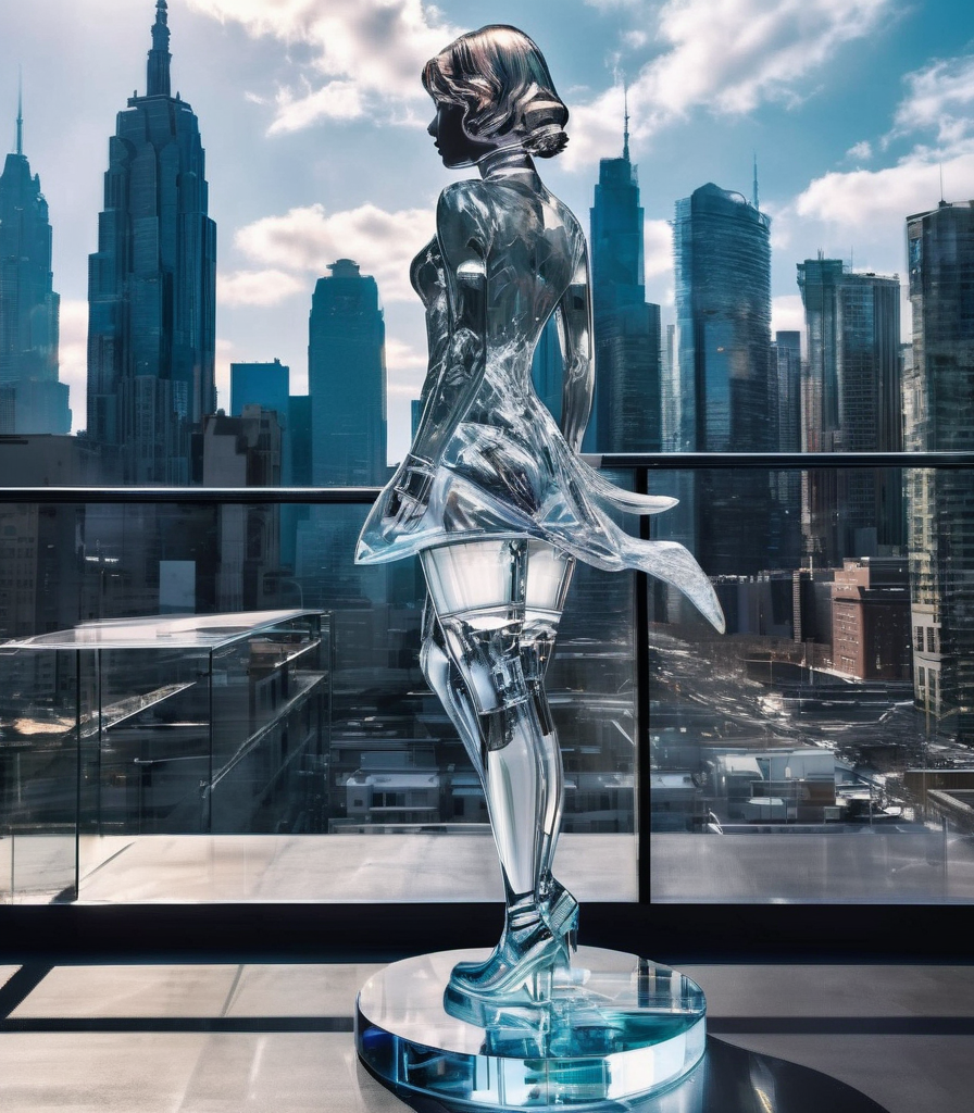 frealistic full body glasssculpture of bnycstm alisabcnv, transparent, translucent, 1girl, detailed cityscape background, ...